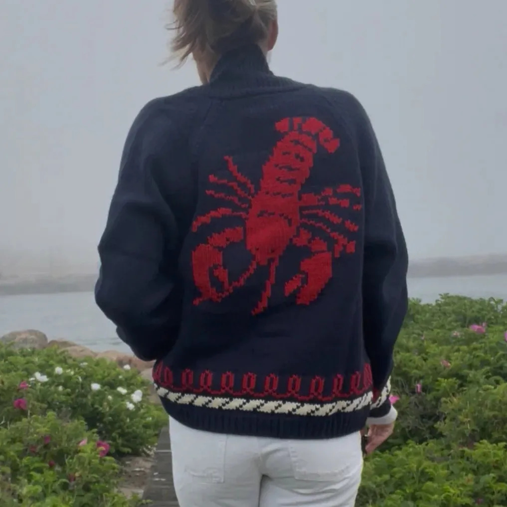 Fashion Women Shawl Collar Cardigan Sweater Lobster Print Long Sleeve Button Down Jumper Tops Vintage Chunky Knit Coat 251219