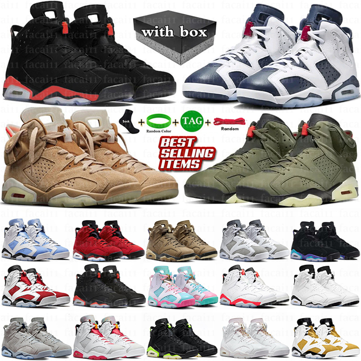 With Box 6s 6 Mens Basketball Shoes Reverse Infrared Aqua Toro Bravo Cool Grey UNC Georgetown Midnight Navy Red Oreo University Blue British Khaki Yellow Sneakers