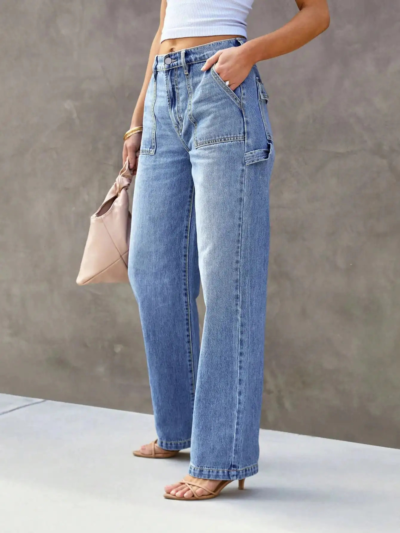 Womens Light Blue Wide Leg StraightLeg Jeans Stylish and Comfortable Denim Pants for Effortless Fashion Z260313