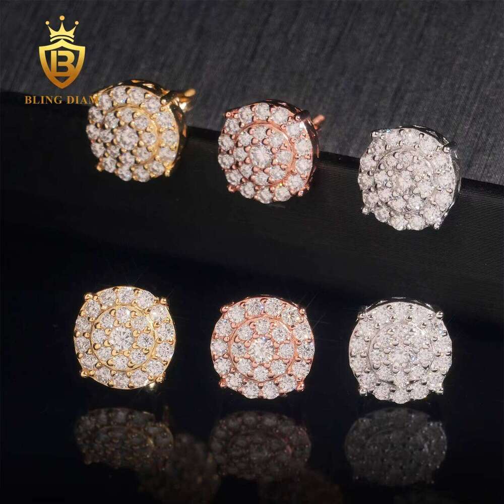 Blingdiam Jewelry Wholesale 925 Sterling Silver Gold Plated Vvs Moissanite Diamond Fashion Unisex Stud Earrings Cluster
