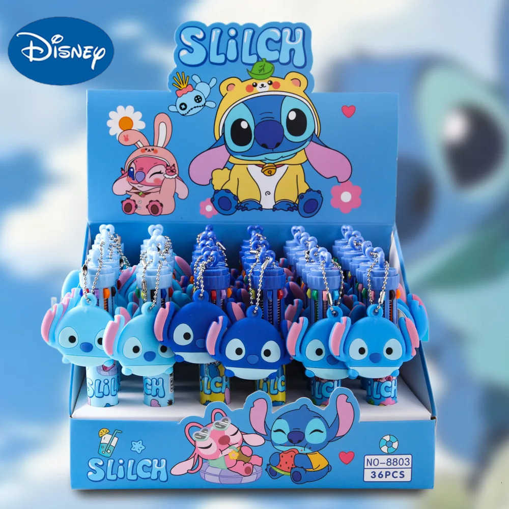 Disney 6/36pcs Stitch 10 Color Press Ballpoint Pen With Mirror Pendant Cute Multi Color Student Writing Pen Stationery Gift H251220