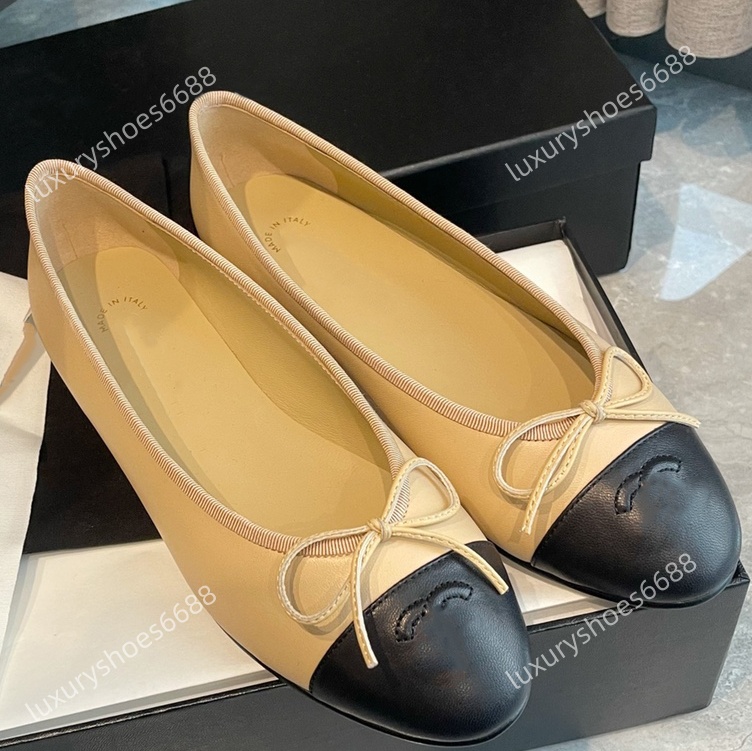 Paris Ballet Flats Classic Shoes Women Basic Leather Tweed Cloth Two Color Splice Bow Round Ballet Shoe cc Fashion Luxury brand designer Flats Women Shoes Tories