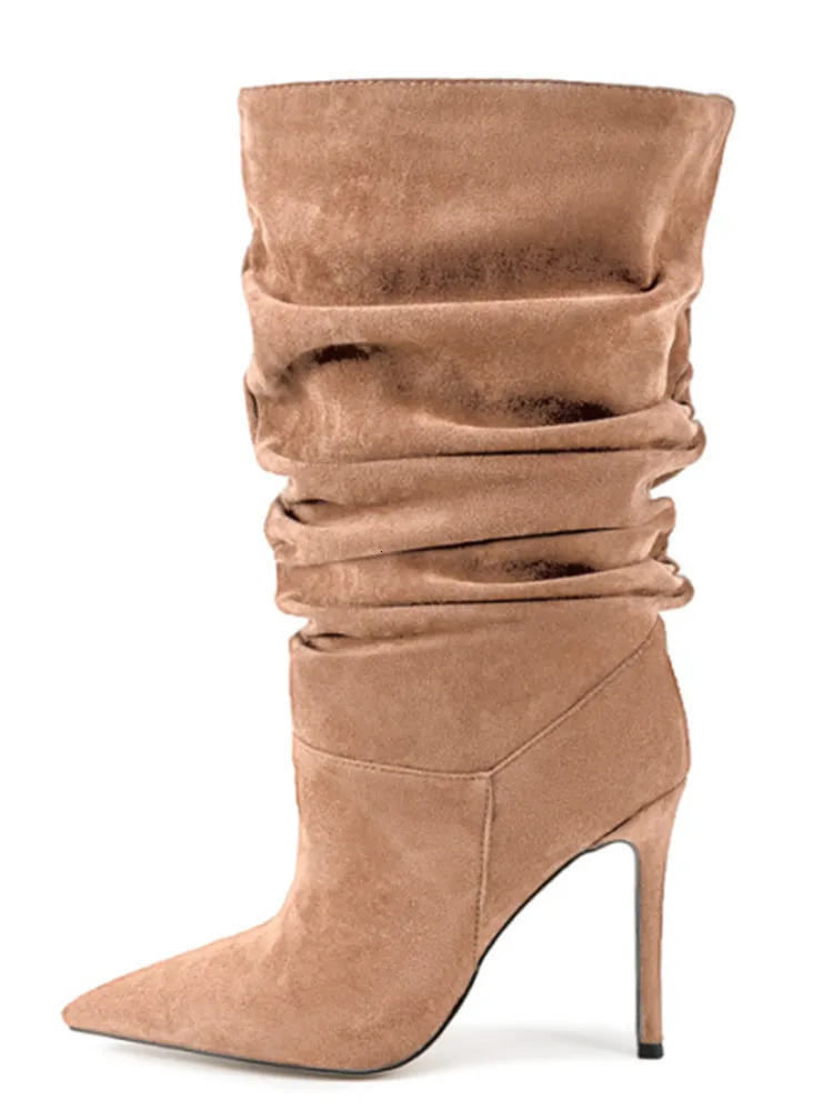 2025Womens Autumn and Winter Pleated High-heeled Short Boots with Pointed Sleeves Womens 35-47 Large Mid Length Boots 251216 - view 4