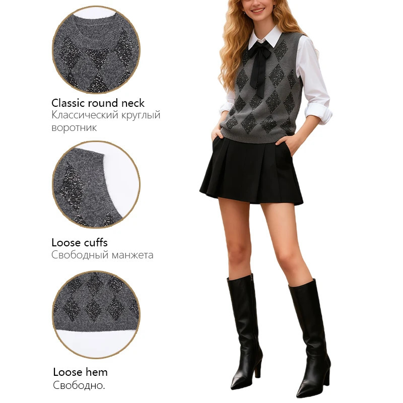 Glittery Argyle Sleeveless Sweater Vest for Women Sparkle Diamond Pattern Knitted Tank Vintage Preppy Layering Piece 251219