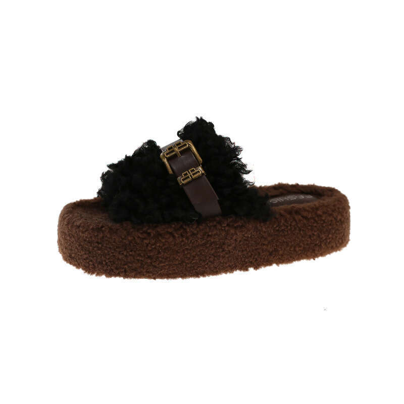 Belt Buckle Thick Sole Lamb Wool for Women, Outdoor Wear, 2025 New Style, High-End Feel, Warm, One-Word Home Cotton Slippers