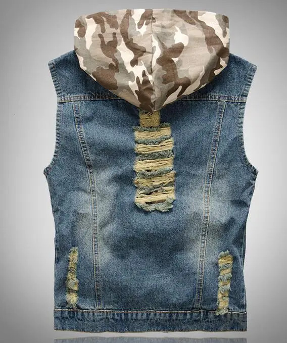 Camouflage Hooded Denim Jacket Mens Cowboy Vests Hooded Denim Waistcoat Mens Denim Sleeveless Jacket Three Colors Available 251219