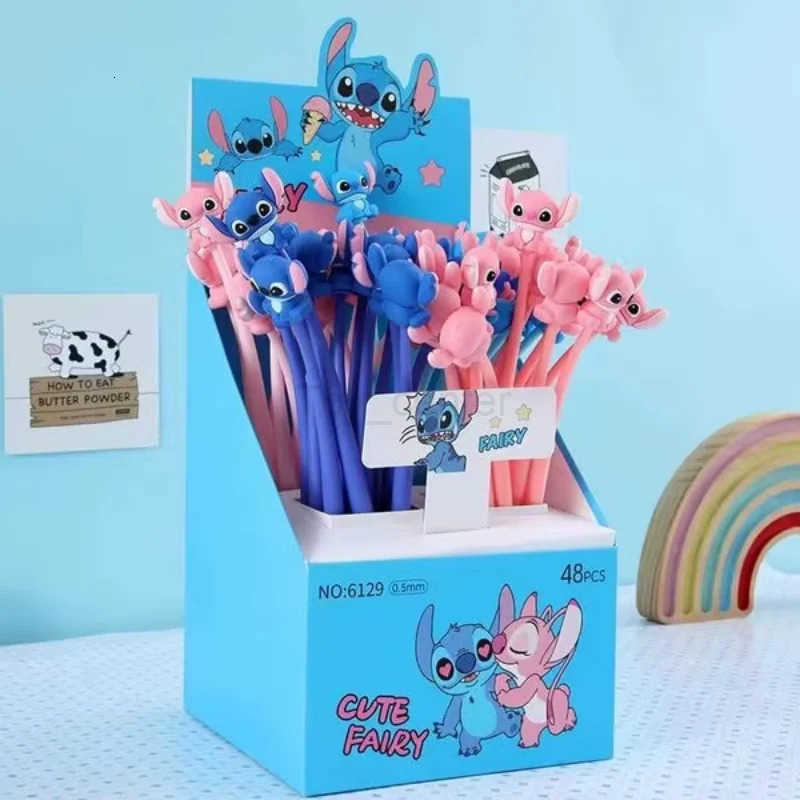 Disney Stitch Gel Pen 48Pcs Black 05mm Kawaii Cartoon Silicone Ornaments New Cute Styling School Supplies Friends Write Gifts H251220