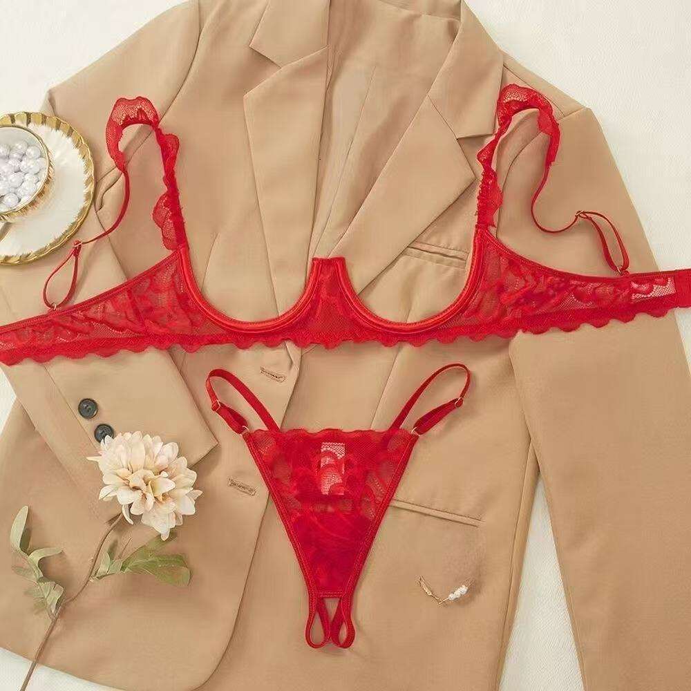 European and American Style Lingerie No Need to Take Off Chest Exposing Open Crotch Pure Desire See-through Lace Trim Purple Sexy Bra Set - view 6