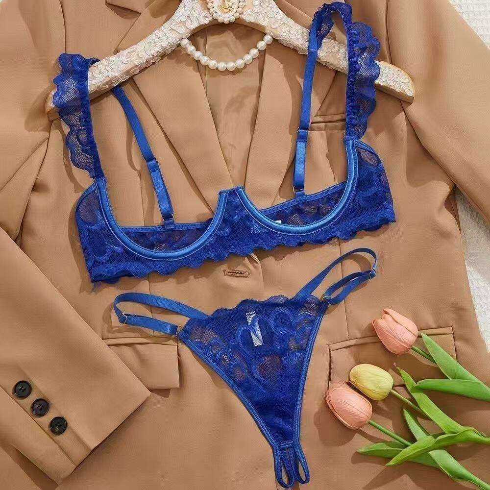 European and American Style Lingerie No Need to Take Off Chest Exposing Open Crotch Pure Desire See-through Lace Trim Purple Sexy Bra Set - view 7