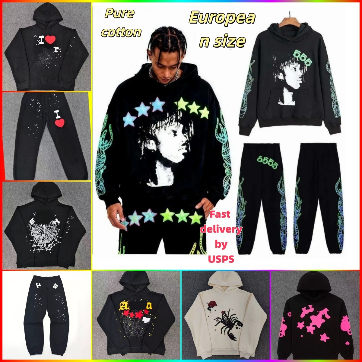 designer hoodie Spider hoddie sp5derhoodies Tracksuit Mens Womens Hip Hop Hooded Pullover Rhinestone Puff Print Hoodie Young Thug Graphic Foaming MenSweatshirt