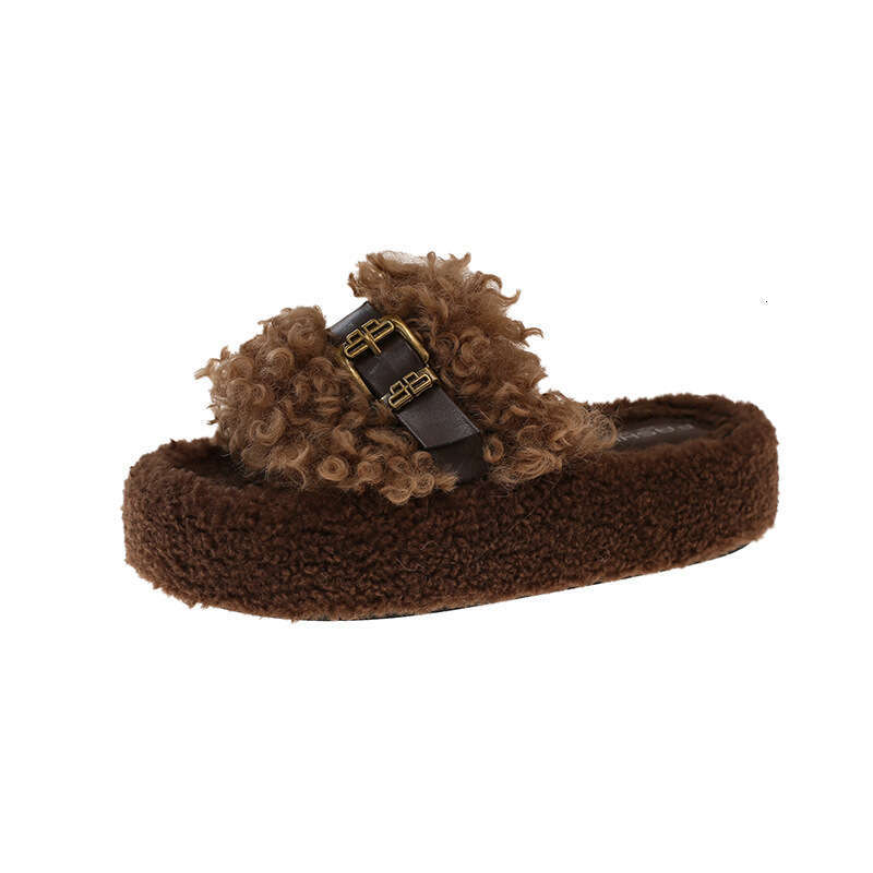 Belt Buckle Thick Sole Lamb Wool for Women, Outdoor Wear, 2025 New Style, High-End Feel, Warm, One-Word Home Cotton Slippers