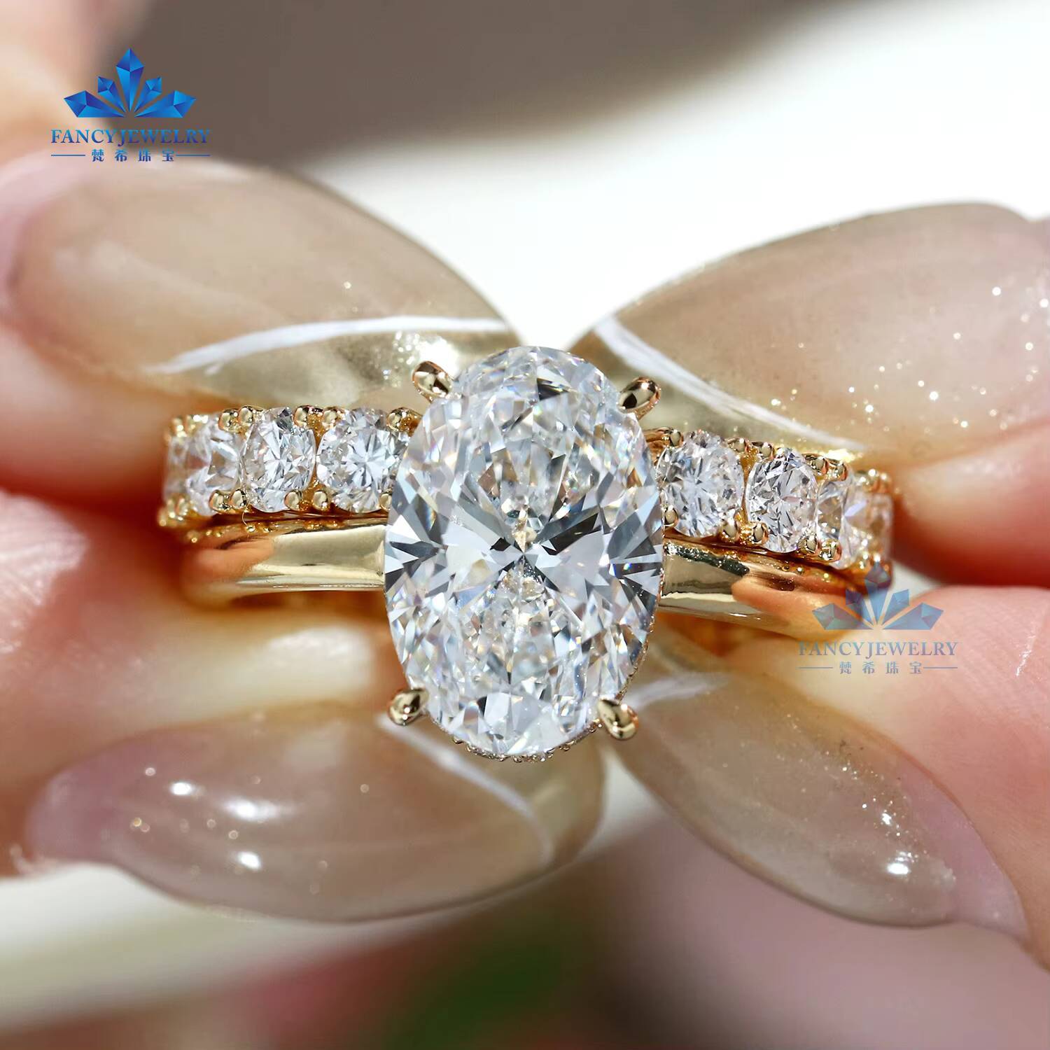 Custom Made 4ct Oval Lab Grown Diamond Engagement Ring Set with D VS1 VVS 10k 14k 18k Yellow Gold Unique Hidden Halo