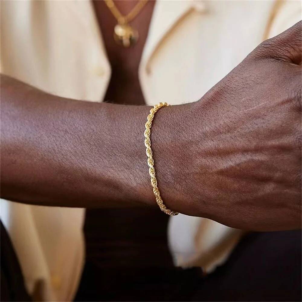 Hip Hop Stainless Steel Twist Chain Men Retro Gold Color Fashion Bracelet For Women Trendy Jewelry Accessories ddmythur