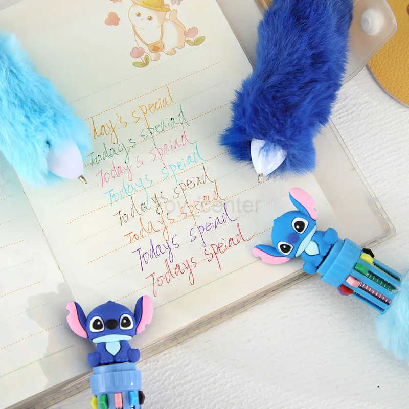 Disney 6/36pcs Stitch Plush Ten Color Press Ballpoint Pen DIY Colorful Hand Pen Student Key Marker Pen Gift Wholesale H251220