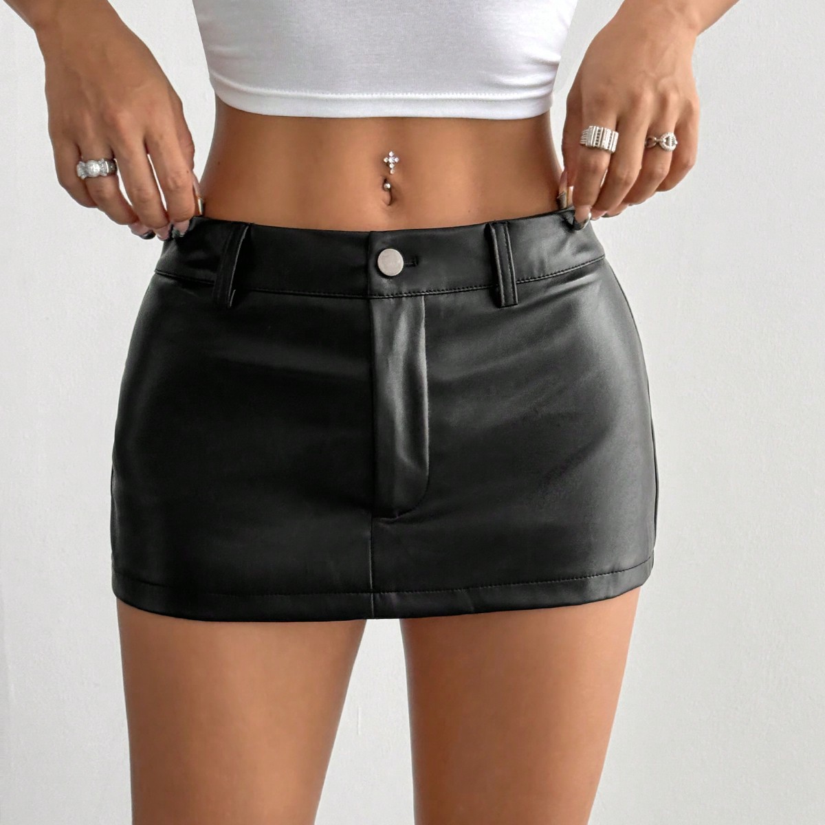 Hot Girl A-Line Bodycon Mini Skirt - Women's Stylish Black PU Leather Retro Daily Skirt---117