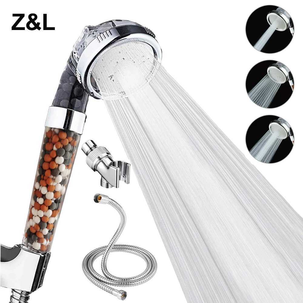 ZL Bathroom Pressurized Anion Mineral Balls 3 Modes Adjustable High Pressure Hand Filter Spa Shower Head Set with Hose Bracket C251220