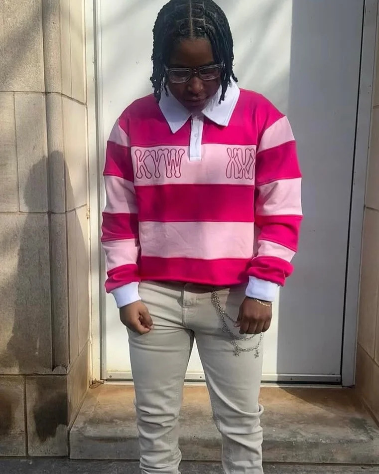 Pink Rugby Polo Shirts Hip Hop Men Stripe Print Lapel Neck Shirt Y2k Harajuku Fashion Casual Cotton Long Sleeves Top Women Tees 251218