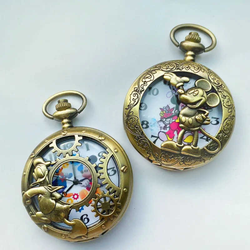 Disney custom Mickey Mouse Pocket Watch Vintage Cartoon Roman Number Quartz Watches with Chain Pendant Necklace Men Women Clock Chains W20250625