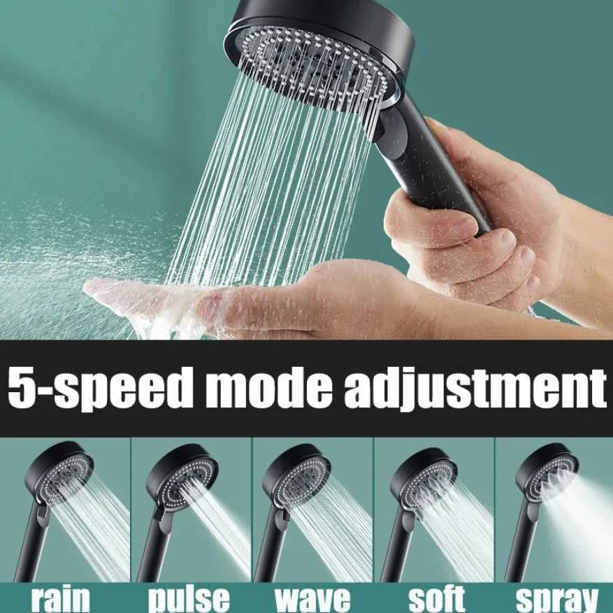 High Pressure Shower Head 5 Modes Adjustable Showerheads with Hose Water Saving One-Key Stop Spray Nozzle Bathroom Accessories C251220