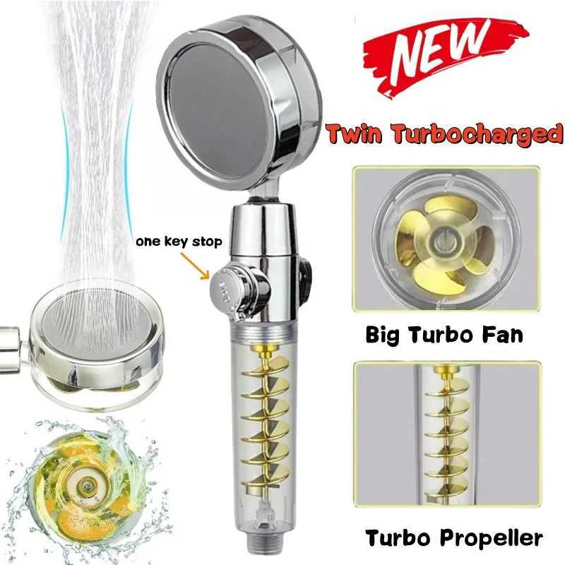 New High Pressure Shower Head Twin Turbocharged Shower Head Handheld Turbo Fan Propeller Shower One-key Stop Massage Showerhead C251220