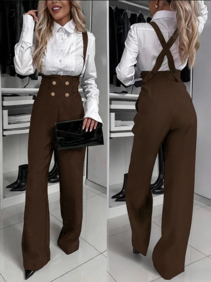 Autumn Winter Women Suspender Trousers Wide Leg Jumpsuit Gold Double Breasted Retro Slim Fit Daily Leisure Fashion 251219