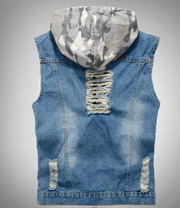Camouflage Hooded Denim Jacket Mens Cowboy Vests Hooded Denim Waistcoat Mens Denim Sleeveless Jacket Three Colors Available 251219