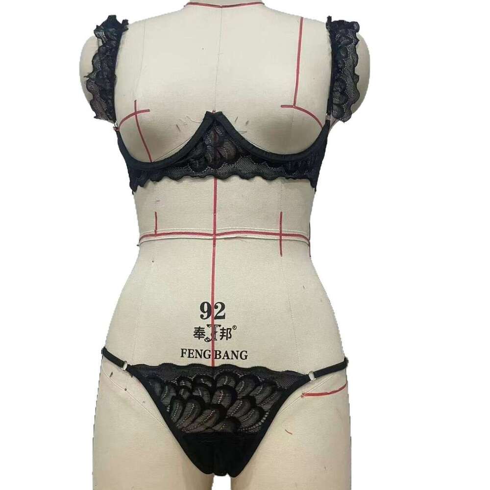 European and American Style Lingerie No Need to Take Off Chest Exposing Open Crotch Pure Desire See-through Lace Trim Purple Sexy Bra Set - view 5