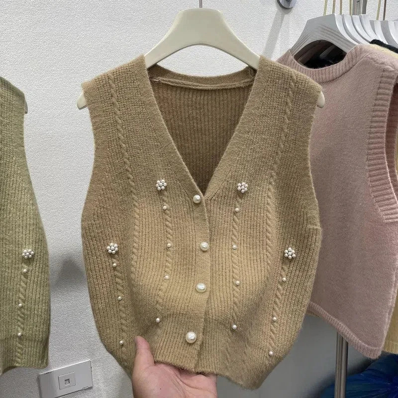 Womens Clothing Autumn Winter Sleeveless Solid Color Flower Sweater Knitted Cardigan Coats Beaded Fashionable Casual Tops 251219