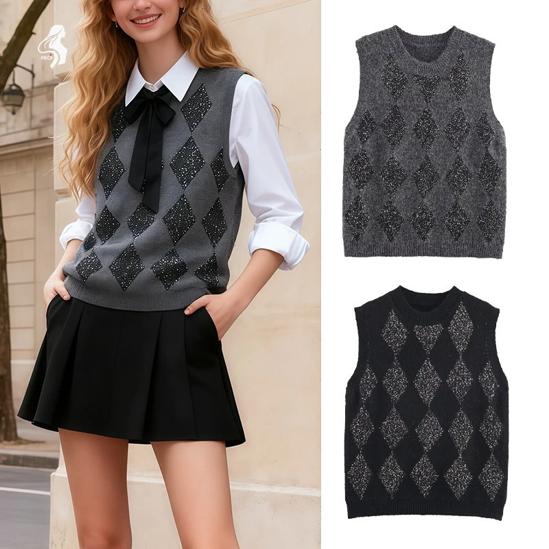 Glittery Argyle Sleeveless Sweater Vest for Women Sparkle Diamond Pattern Knitted Tank Vintage Preppy Layering Piece 251219