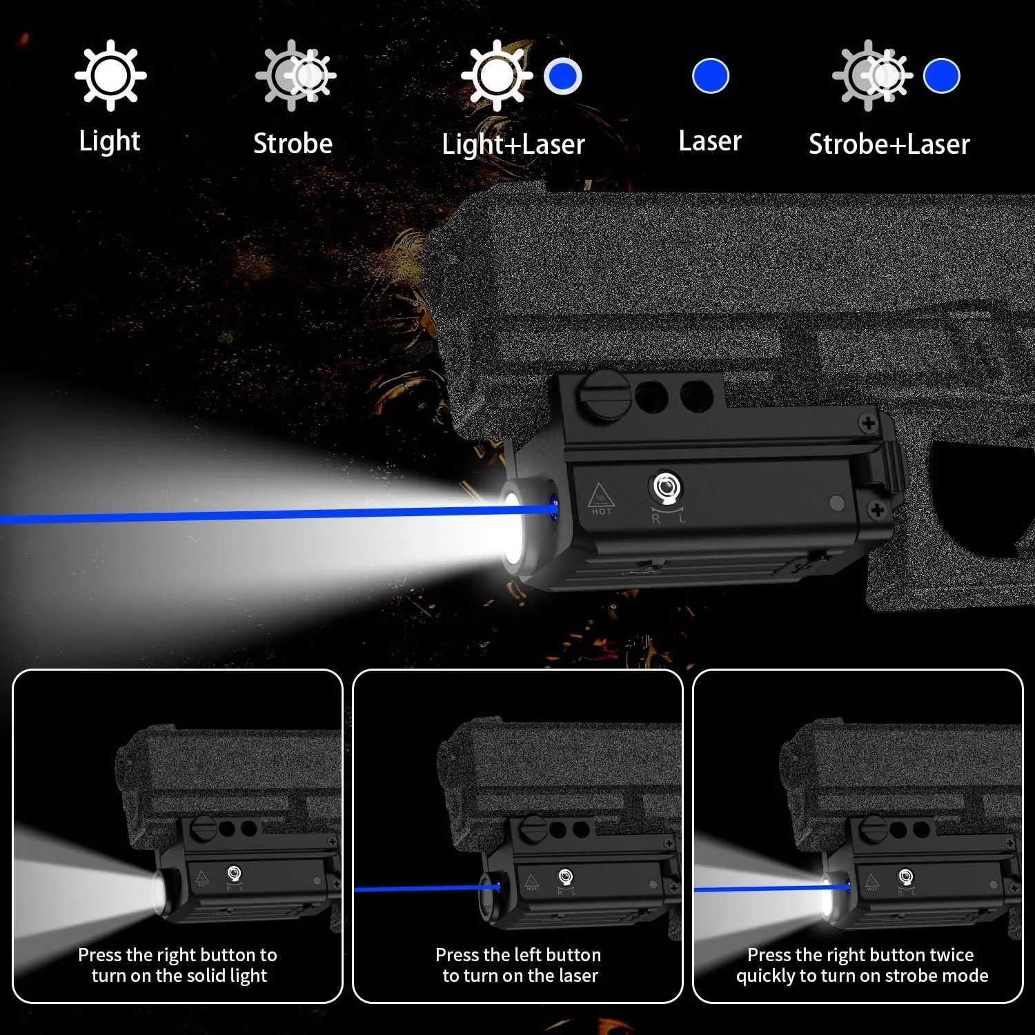Blue Laser Flashlight Combo Tactical Weapon Gun Light fit Picatinny Rail Compact Pistol Light Laser Beam RechargeableT251220