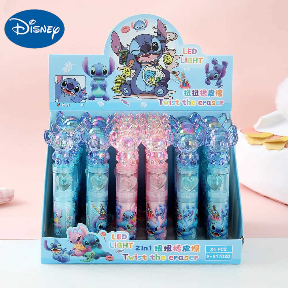Disney 6/24pcs Stitch Eraser Cartoon Cute Emit Light Eraser Rotating Eraser Student Stationery ChildrenS Gifts H251220