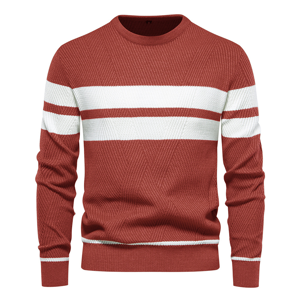 WOZK autumn and winter men's casual striped men's sweater pullover color blocked round neck men's European size knitted sweater top des