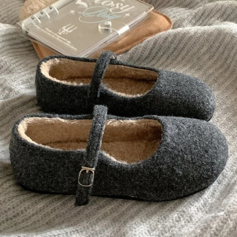 Autumn/Winter Womens Ballet Plush Mary Jane Shoes-Furry Flat with Evening Breeze Charm Graceful Dress-Matching Outerwear 251217