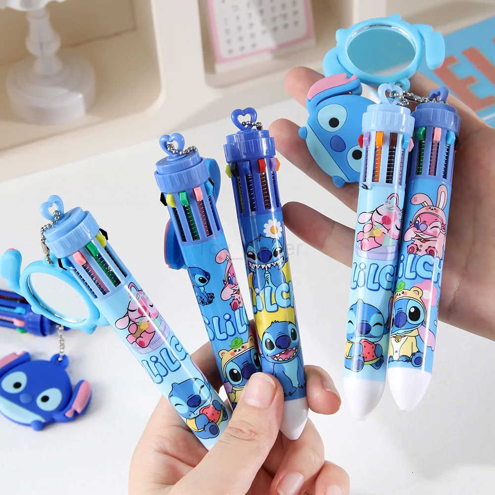 Disney 6/36pcs Stitch 10 Color Press Ballpoint Pen With Mirror Pendant Cute Multi Color Student Writing Pen Stationery Gift H251220