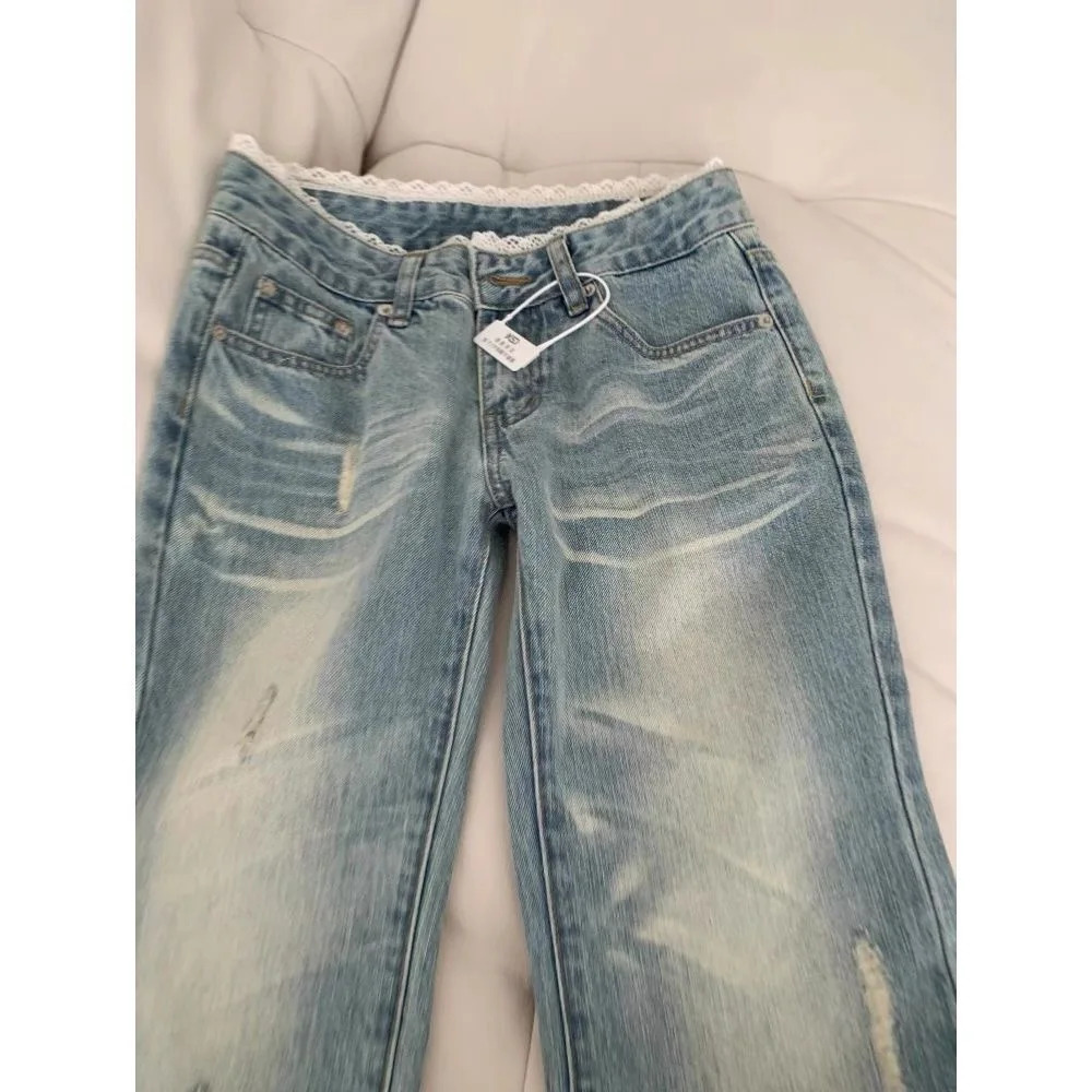 Botvotee Retro Classic American Vintage Denim Jeans for Women Low Waisted Straight 1950s1960s Inspired Light Blue Pants Z260313