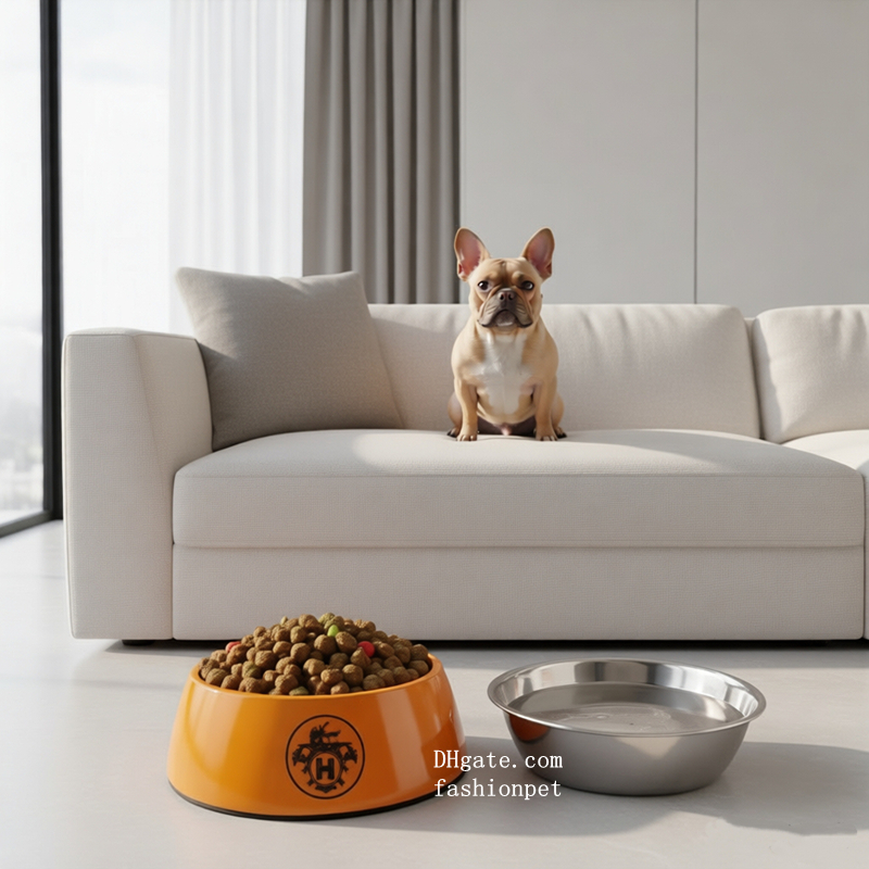 Designer Pets Bowls 2 in 1 Dog Food Water Bowl, Luxury Stainless Steel Pet Dishes Melamine Cat Feeder Bowls with Non-Skid Base for Medium Small Dog, F