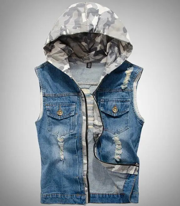 Camouflage Hooded Denim Jacket Mens Cowboy Vests Hooded Denim Waistcoat Mens Denim Sleeveless Jacket Three Colors Available 251219