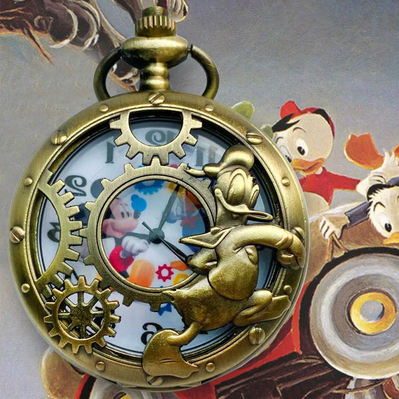 Disney custom Mickey Mouse Pocket Watch Vintage Cartoon Roman Number Quartz Watches with Chain Pendant Necklace Men Women Clock Chains W20250625