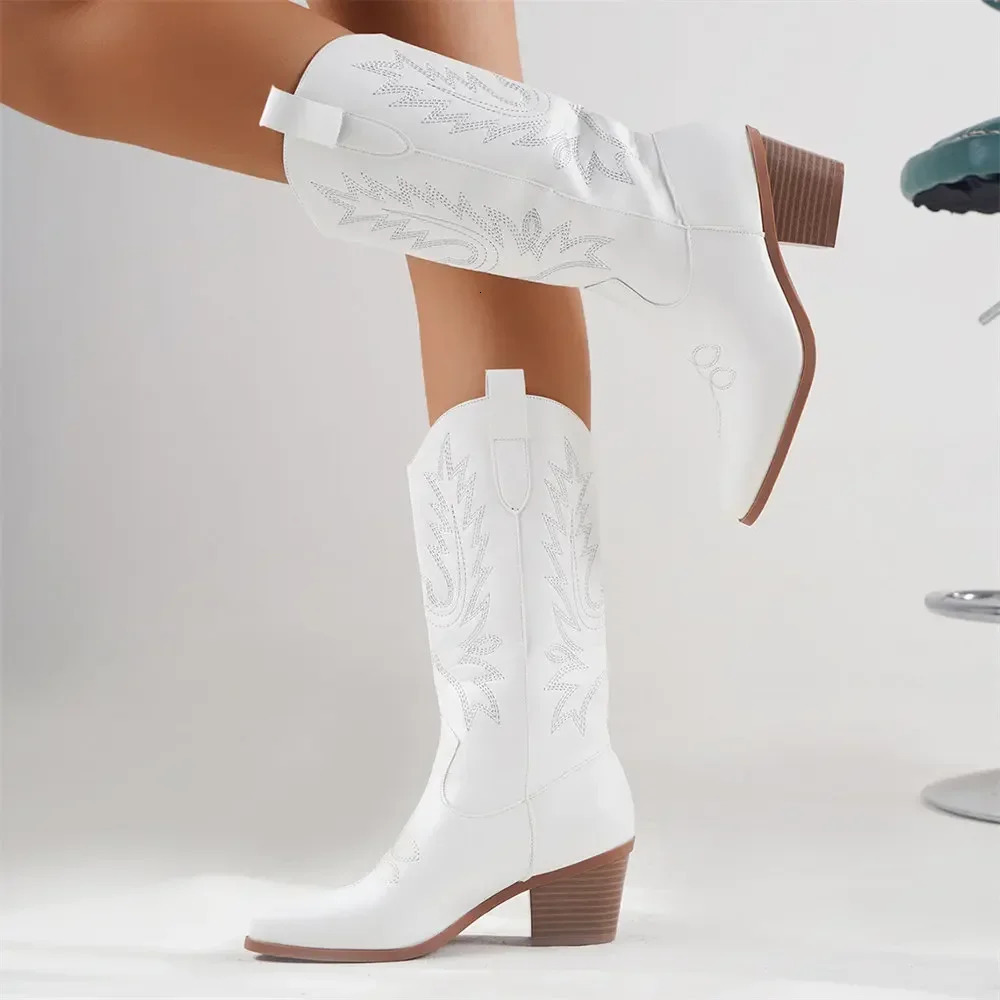 Plus size 43 High Quality Block Heels Midcalf White Cowboy Boots Women Vintage Country Concert Western Shoes 251219