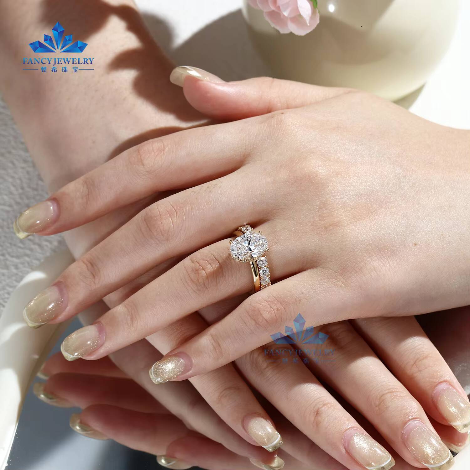 Custom Made 4ct Oval Lab Grown Diamond Engagement Ring Set with D VS1 VVS 10k 14k 18k Yellow Gold Unique Hidden Halo