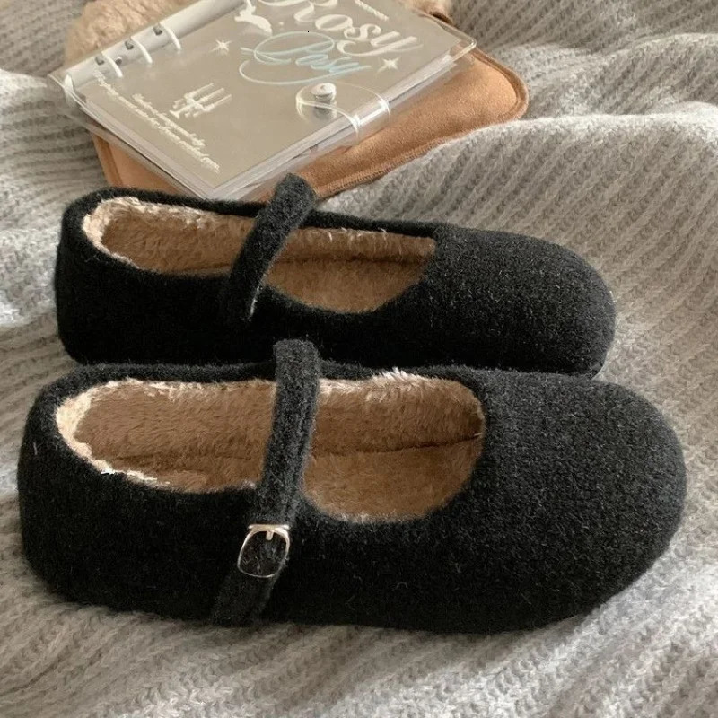 Autumn/Winter Womens Ballet Plush Mary Jane Shoes-Furry Flat with Evening Breeze Charm Graceful Dress-Matching Outerwear 251217