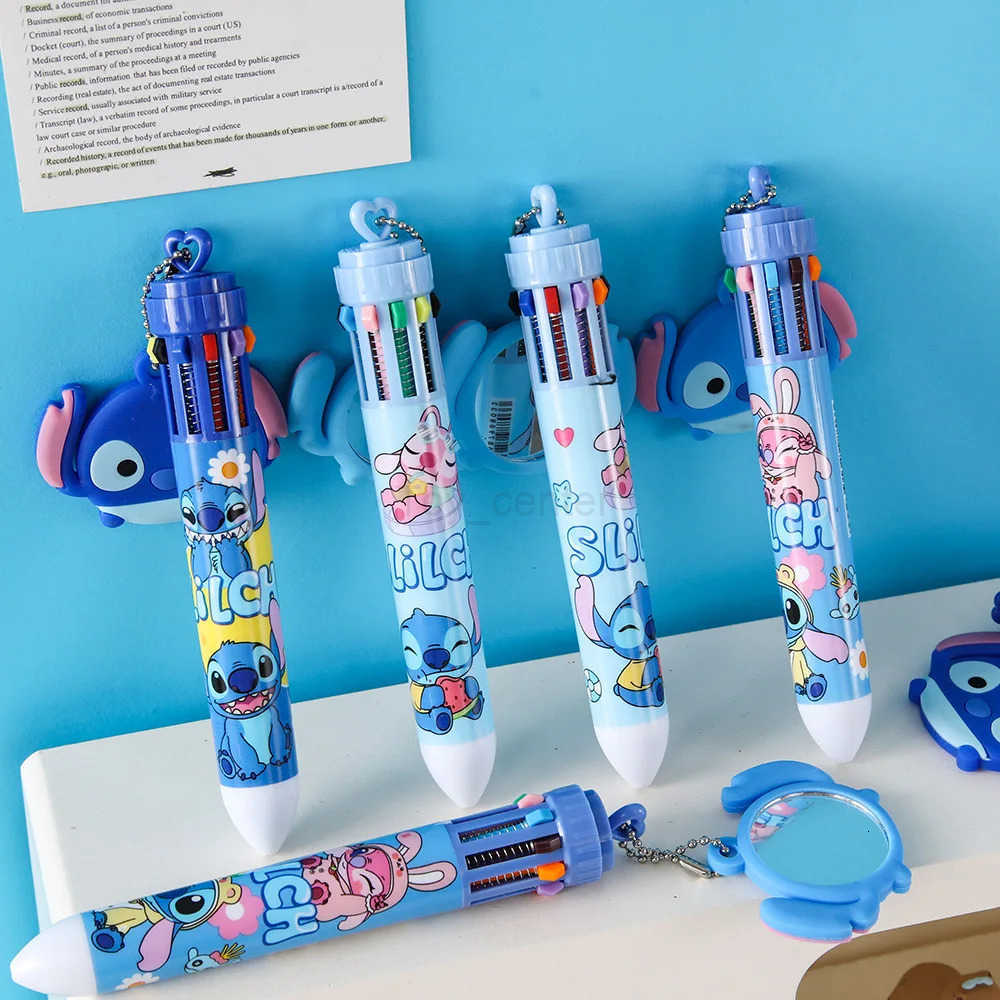 Disney 6/36pcs Stitch 10 Color Press Ballpoint Pen With Mirror Pendant Cute Multi Color Student Writing Pen Stationery Gift H251220