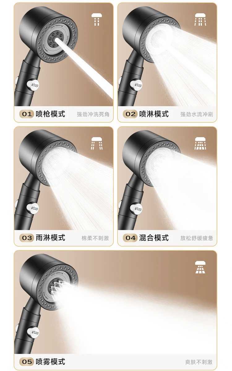 New Black Silver 5 Modes High Pressure Filter Shower Head Water Saving With Stop Button Handheld Shower Head Bathroom Accessorie C251220