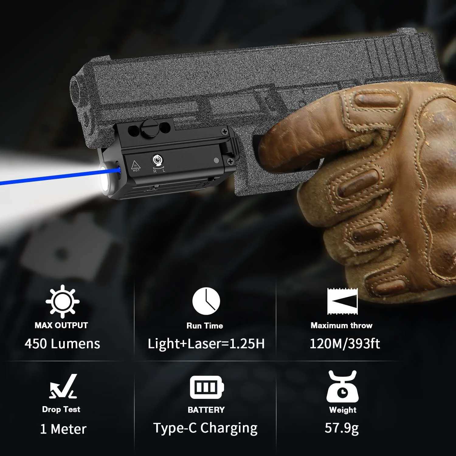 Blue Laser Flashlight Combo Tactical Weapon Gun Light fit Picatinny Rail Compact Pistol Light Laser Beam RechargeableT251220