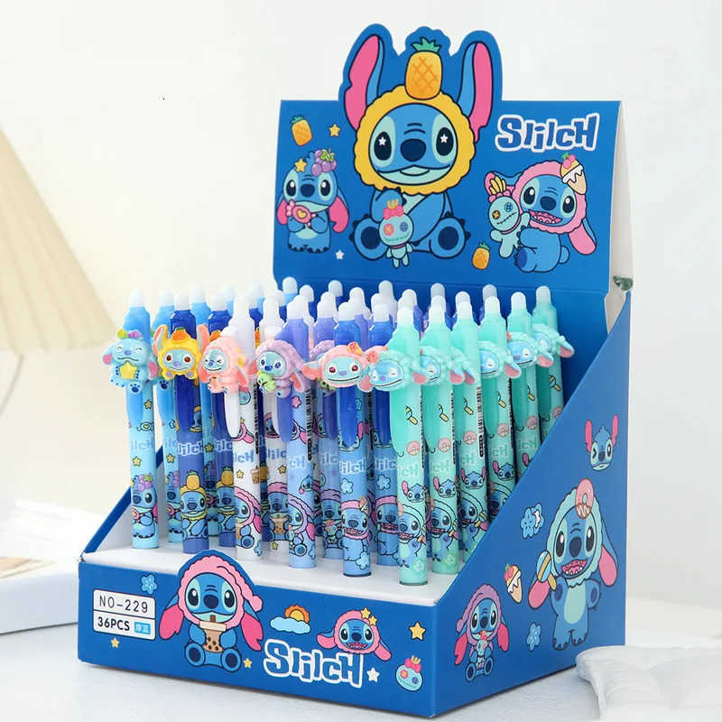 Disney 36Pcs Erasable Gel Pen Cartoon Set Creative Cute Fruit Shape Stitch 05Mm Blue Erasable Pen Students Learn Stationery H251220
