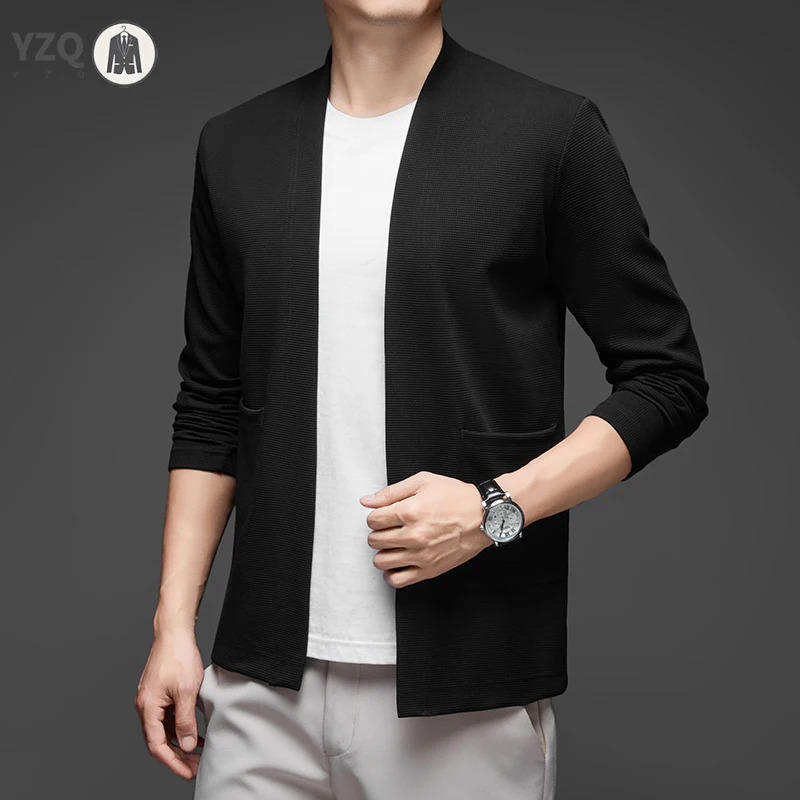 Mens Business Casual Long Sleeved Solid Color Cloak Jacket Knitted Comfortable and Fashionable All Season Versatile Top 251219