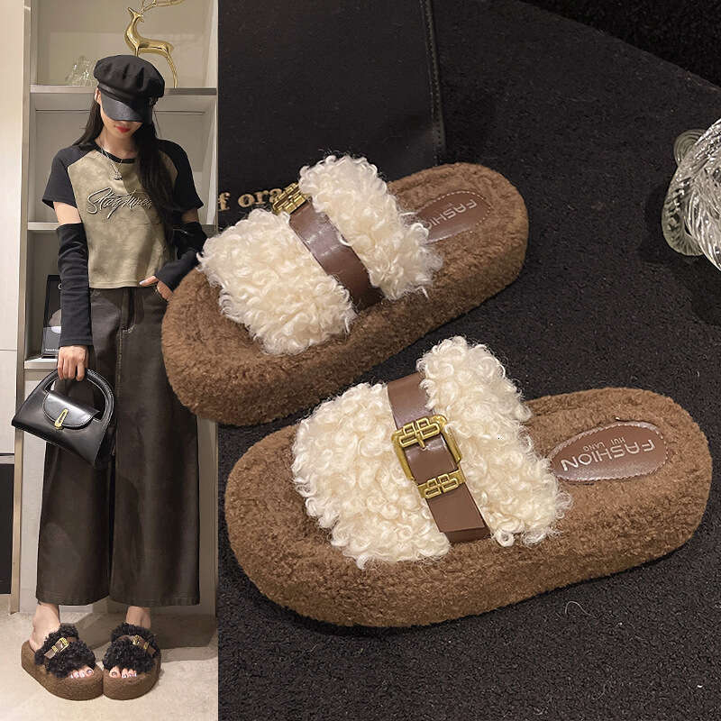 Belt Buckle Thick Sole Lamb Wool for Women, Outdoor Wear, 2025 New Style, High-End Feel, Warm, One-Word Home Cotton Slippers