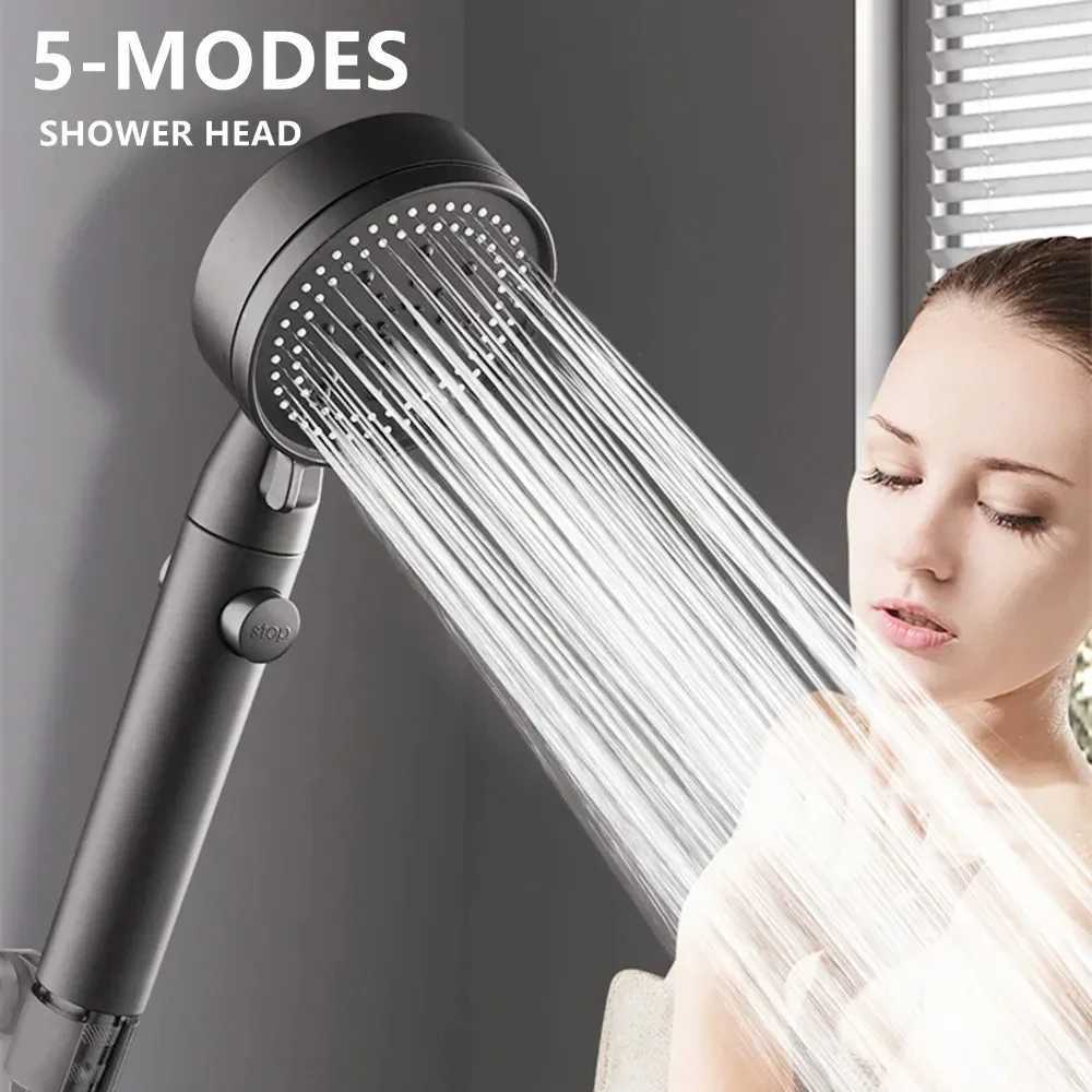 Adjustable High Pressure Shower Head 5 Modes with Hose Water Saving One-Key Stop Spray Nozzle - Bathroom Shower Accessories C251220