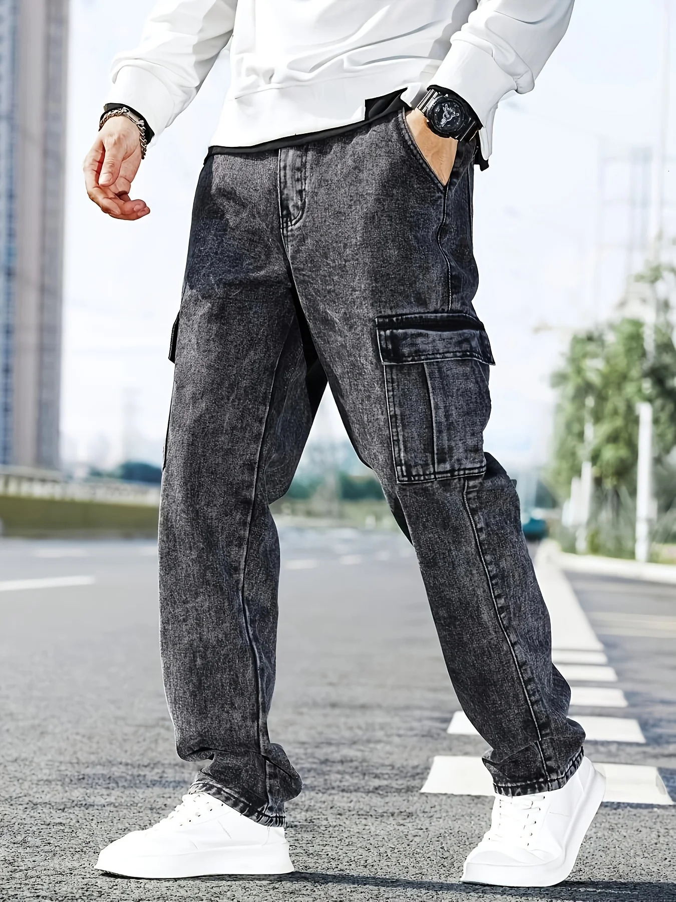 Fashionable mens denim trousers washed workwear y251205
