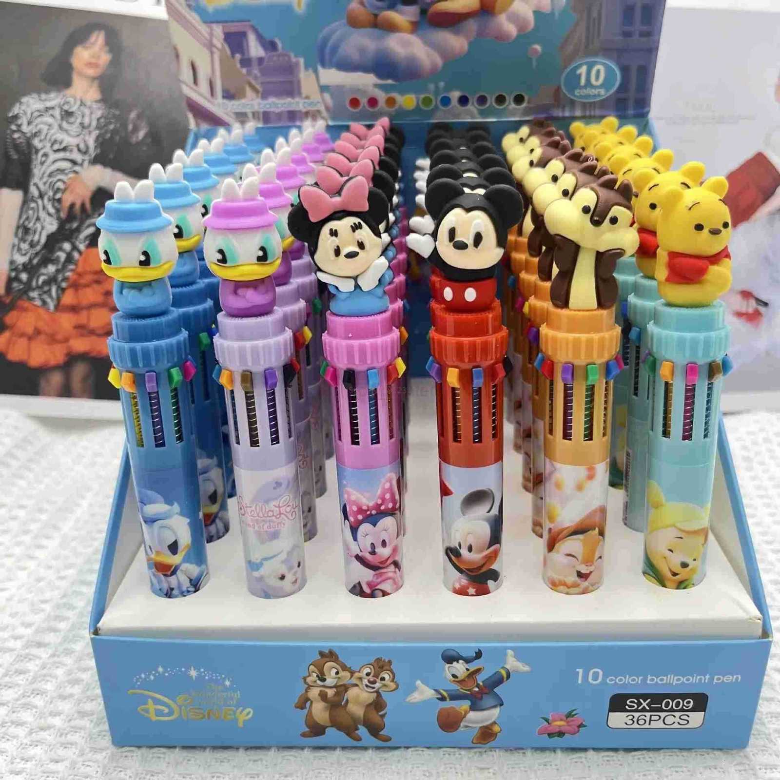 Disney 6/36pcs Mickey Family 10 Colors Ballpoint Multi Color Press Pen Cute Cartoon Gel Pen Student Supplies Stationery Wholesal H2512201